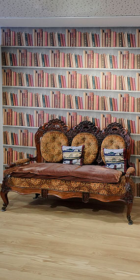 Gemütliches Sofa vor Bücherreggal